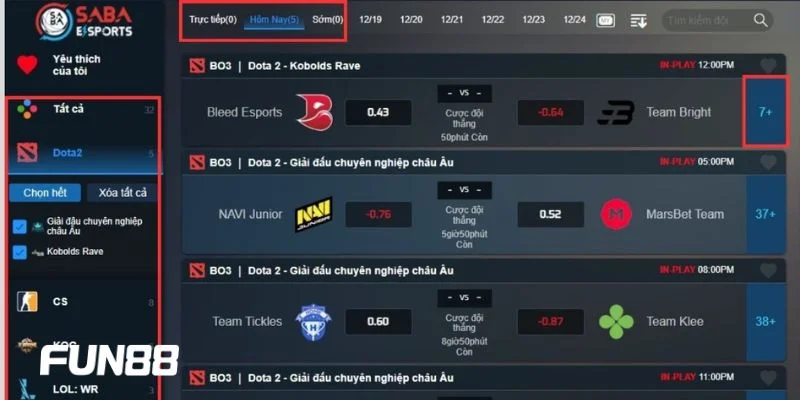 Bet thủ có thể tham gia nhiều kèo cá cược Esports tại sân chơi Fun88.